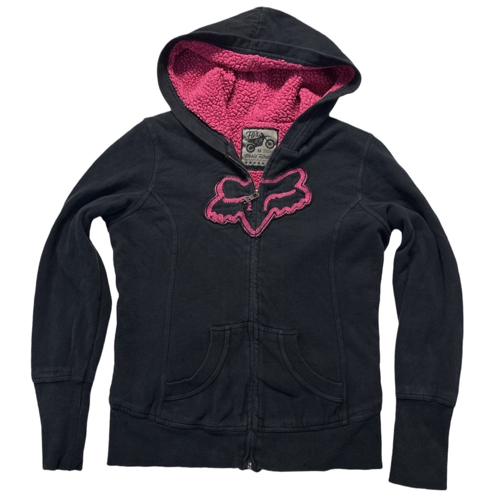 Y2K FOX RACING women's black + pink graphic sherpa full zip hoodie, M.